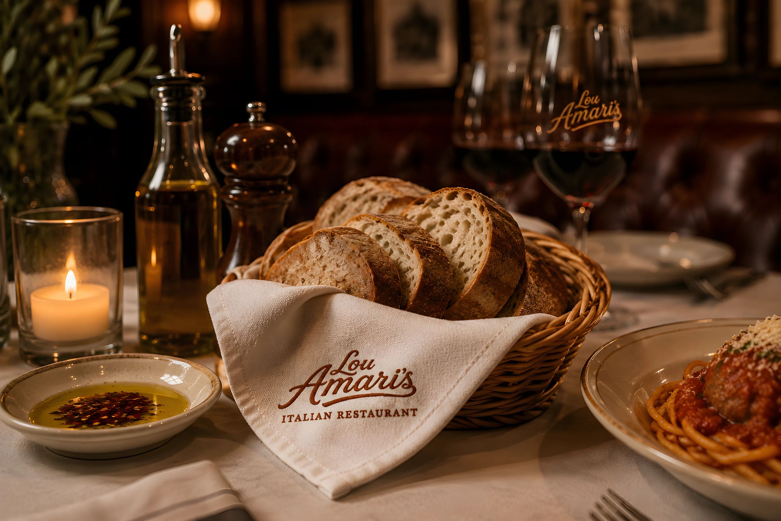 A basket of house-baked Italian bread on a Lou Amari’s napkin beside olive oil and a candle