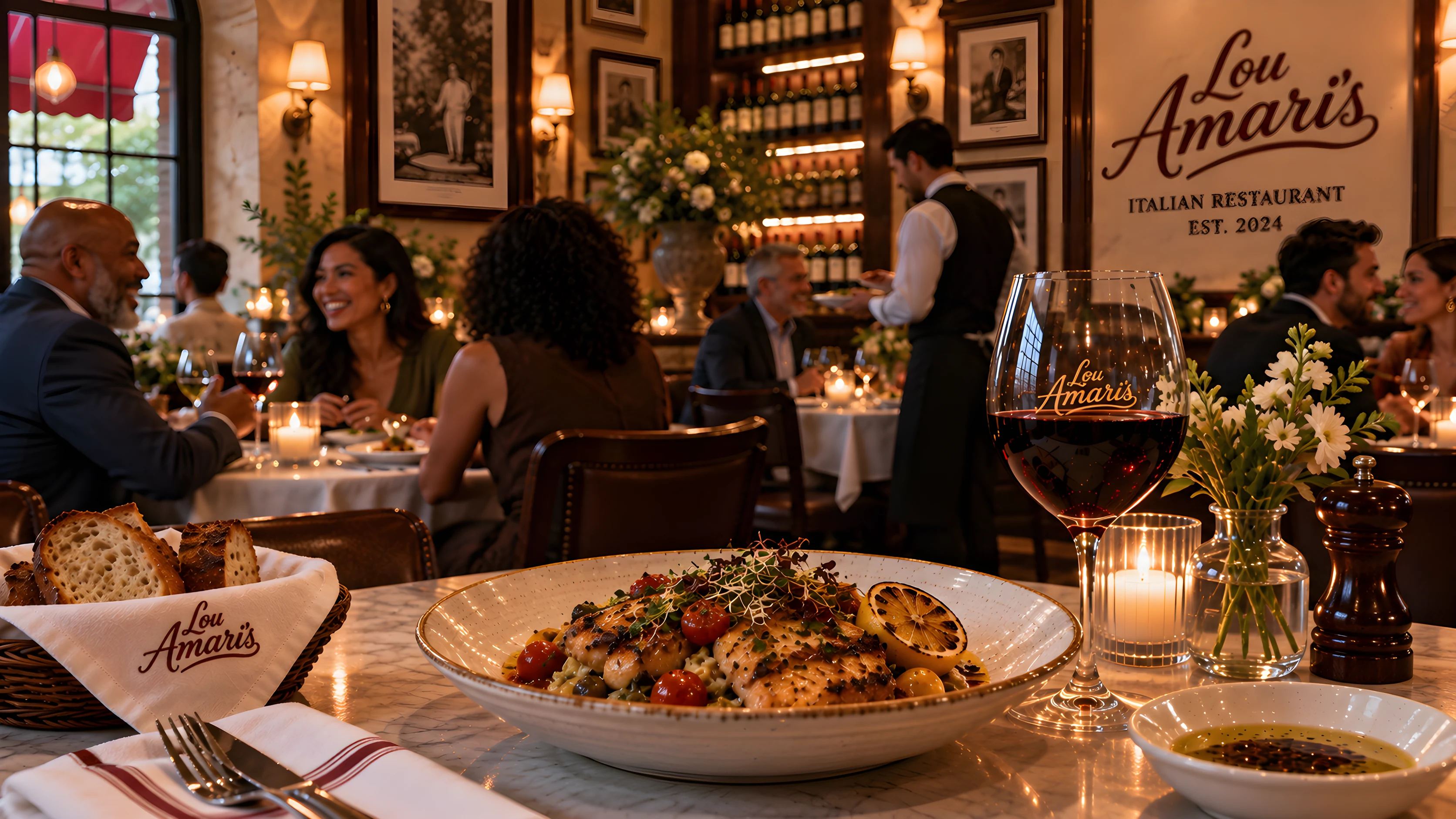 A couple at dinner in the dining room, a plate of chicken parmigiana and a glass of red wine in front of them