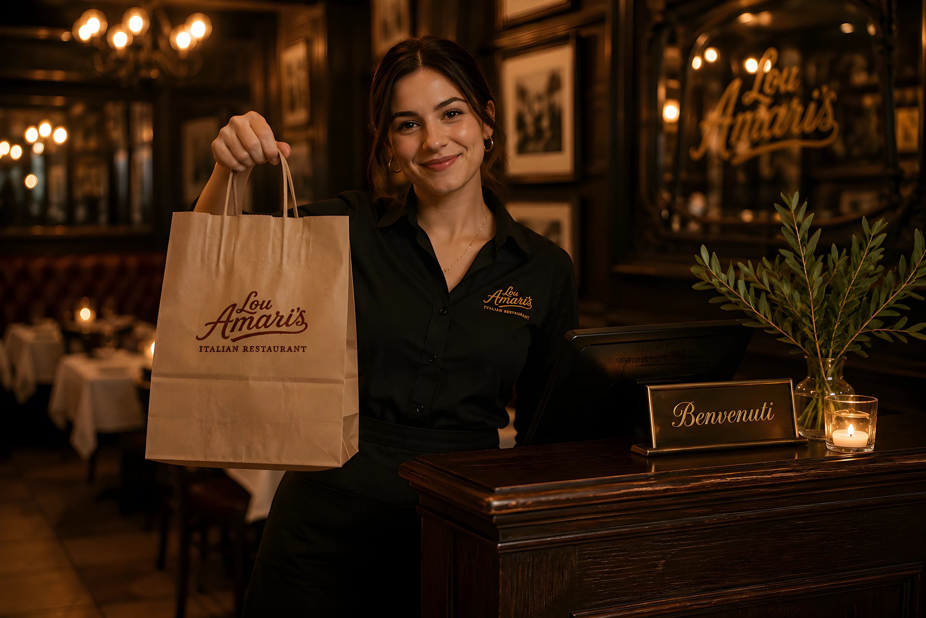 A smiling host holding a Lou Amari’s takeout bag at the front stand, the warm dining room behind her