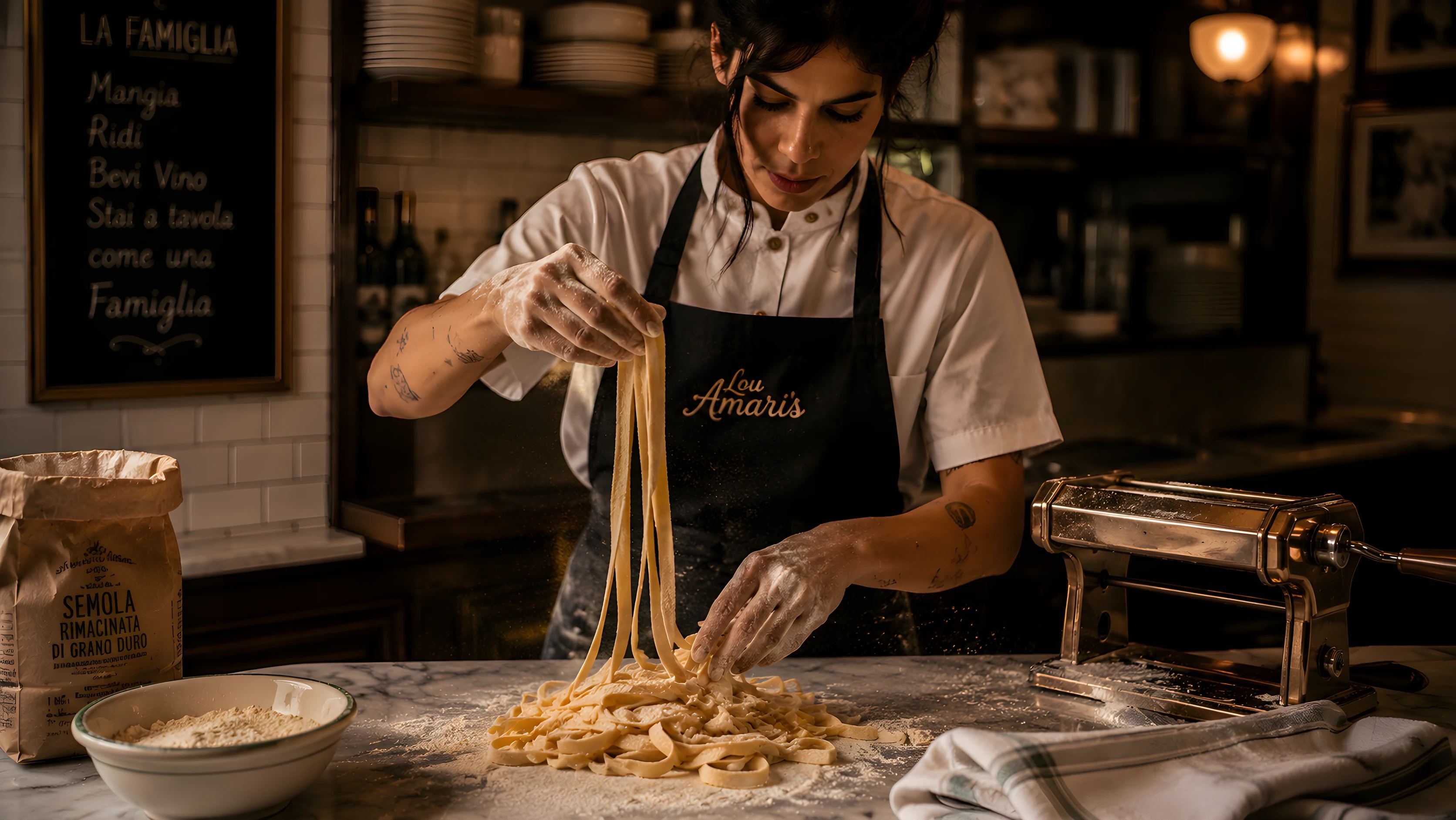 A cook’s flour-dusted hands feeding fresh pasta through a roller in Lou Amari’s kitchen