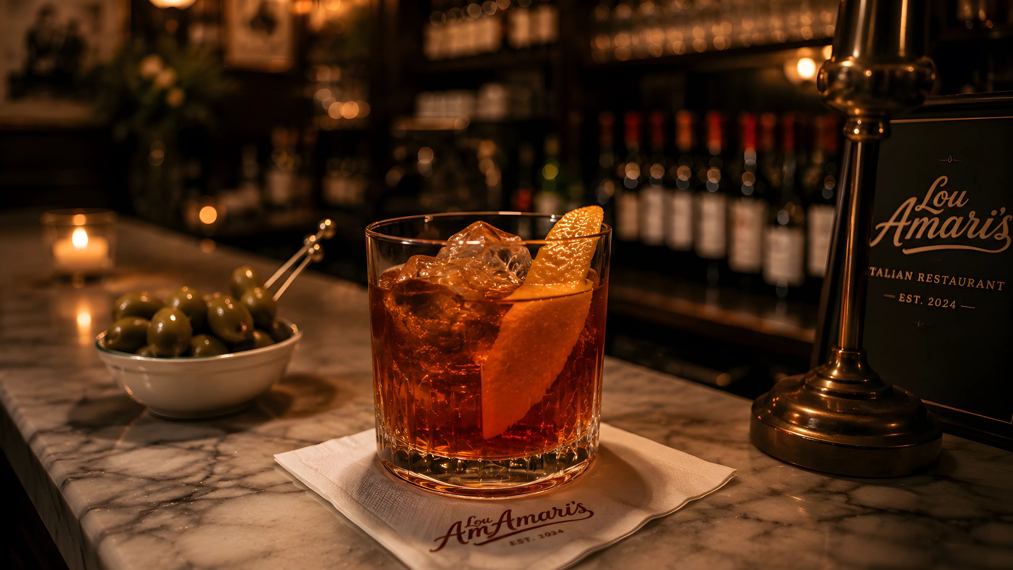 Lou’s Old Fashioned over a large ice cube with an orange peel on the marble bar, olives and wine bottles behind