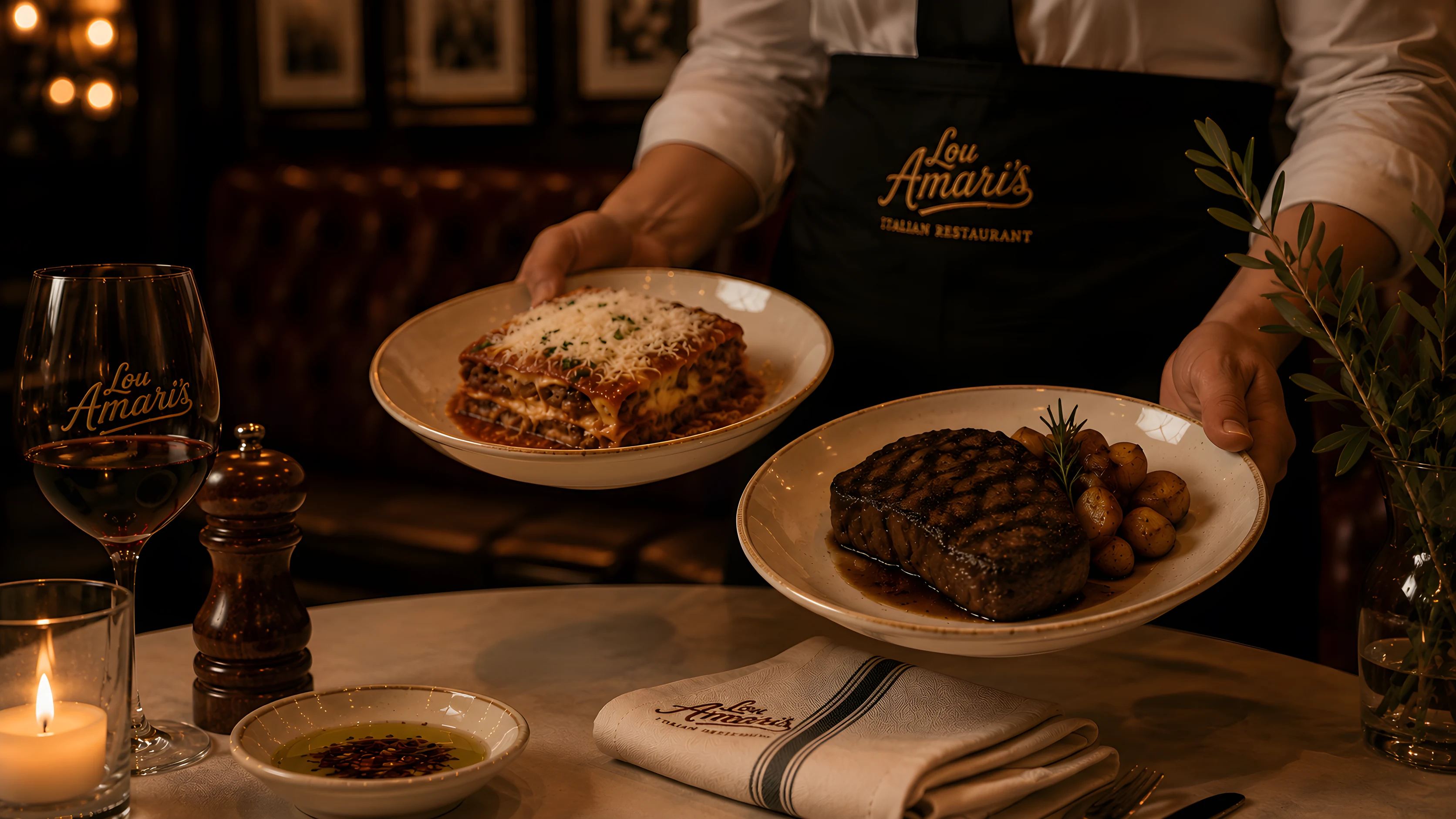 A server in a black apron carrying plates of lasagna and steak with roasted potatoes to a booth