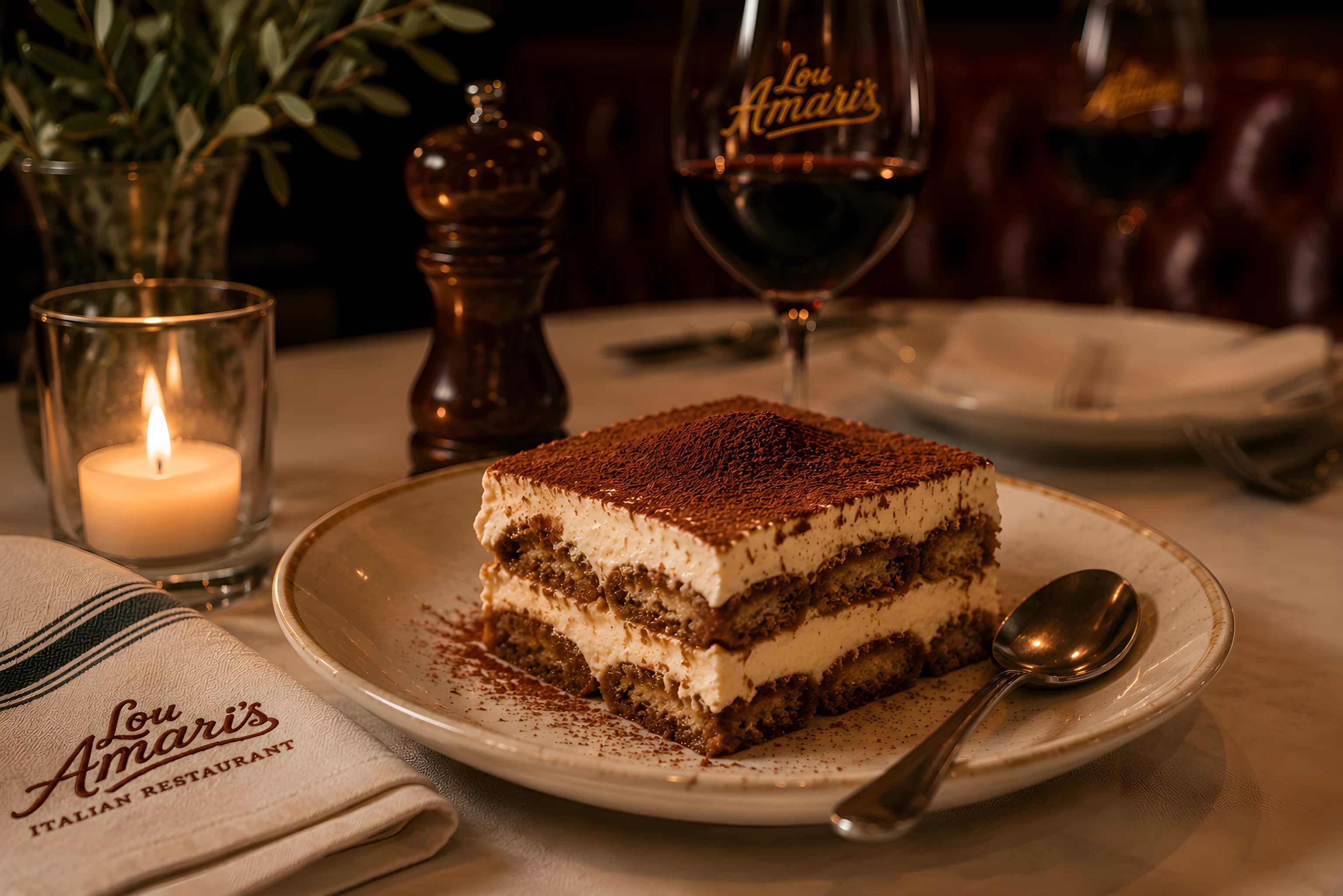 A square of classic tiramisu dusted with cocoa on a white plate beside a candle and a Lou Amari’s napkin